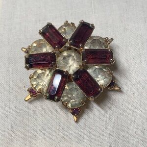 Gold-Tone Floral Cluster Brooch with Deep Red and Clear Stones - Women Jewelry